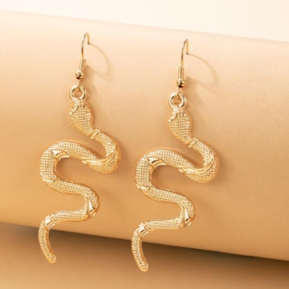 Boho Chic Gold Textured Serpent Snake Dangle Drop Earrings
